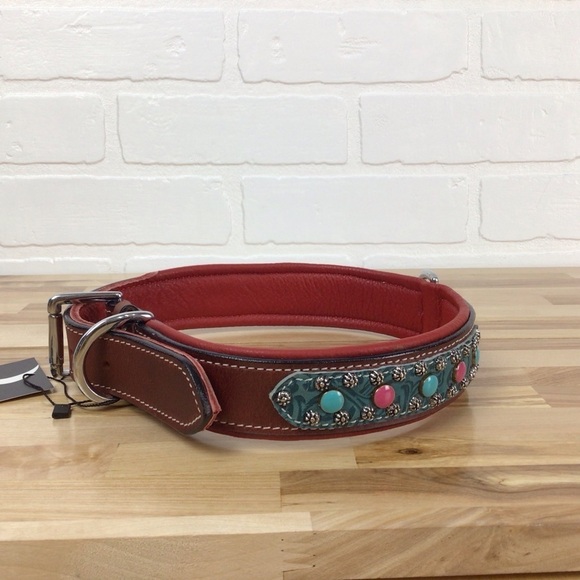 Mad Cow genuine leather jewelry dog collar handmade red pink turquoise studded - Picture 5 of 14